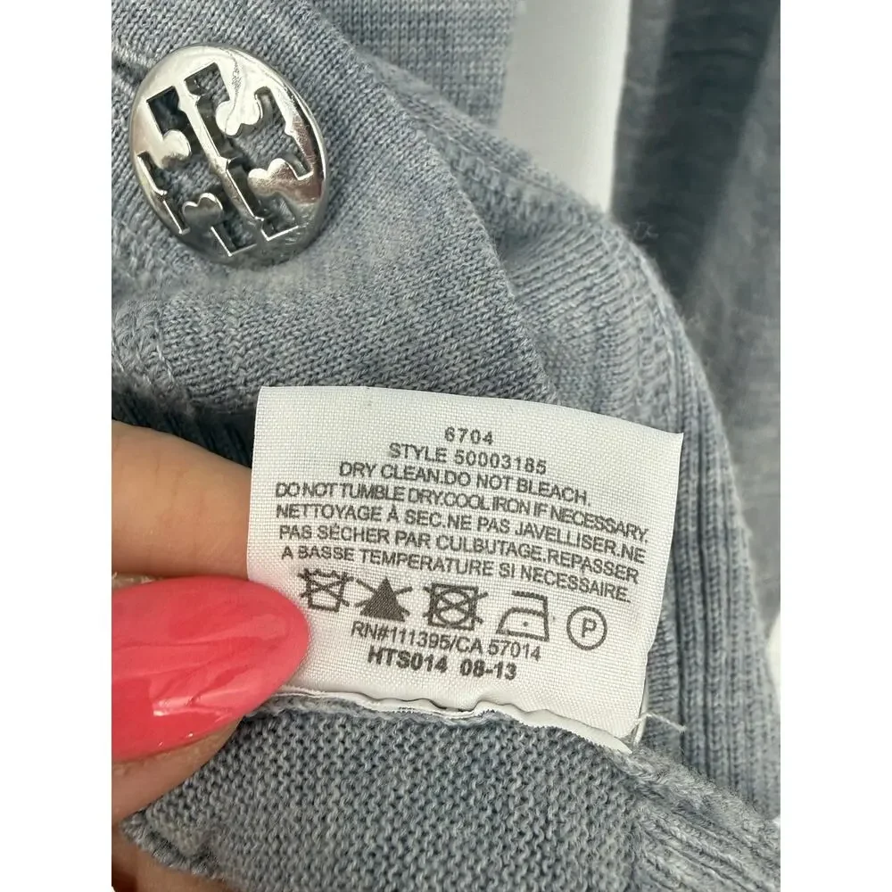 Tory Burch Simone Gray 100% Merino Wool Button Cardigan Sweater M Quiet Luxury